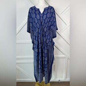 Pax Philomena Blue and White Patterned Cotton Maxi Kaftan Dress One Size